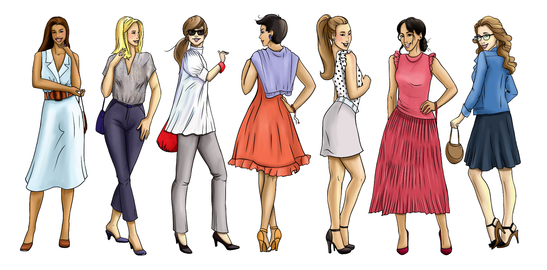 Drawing of seven well-dressed women standing together